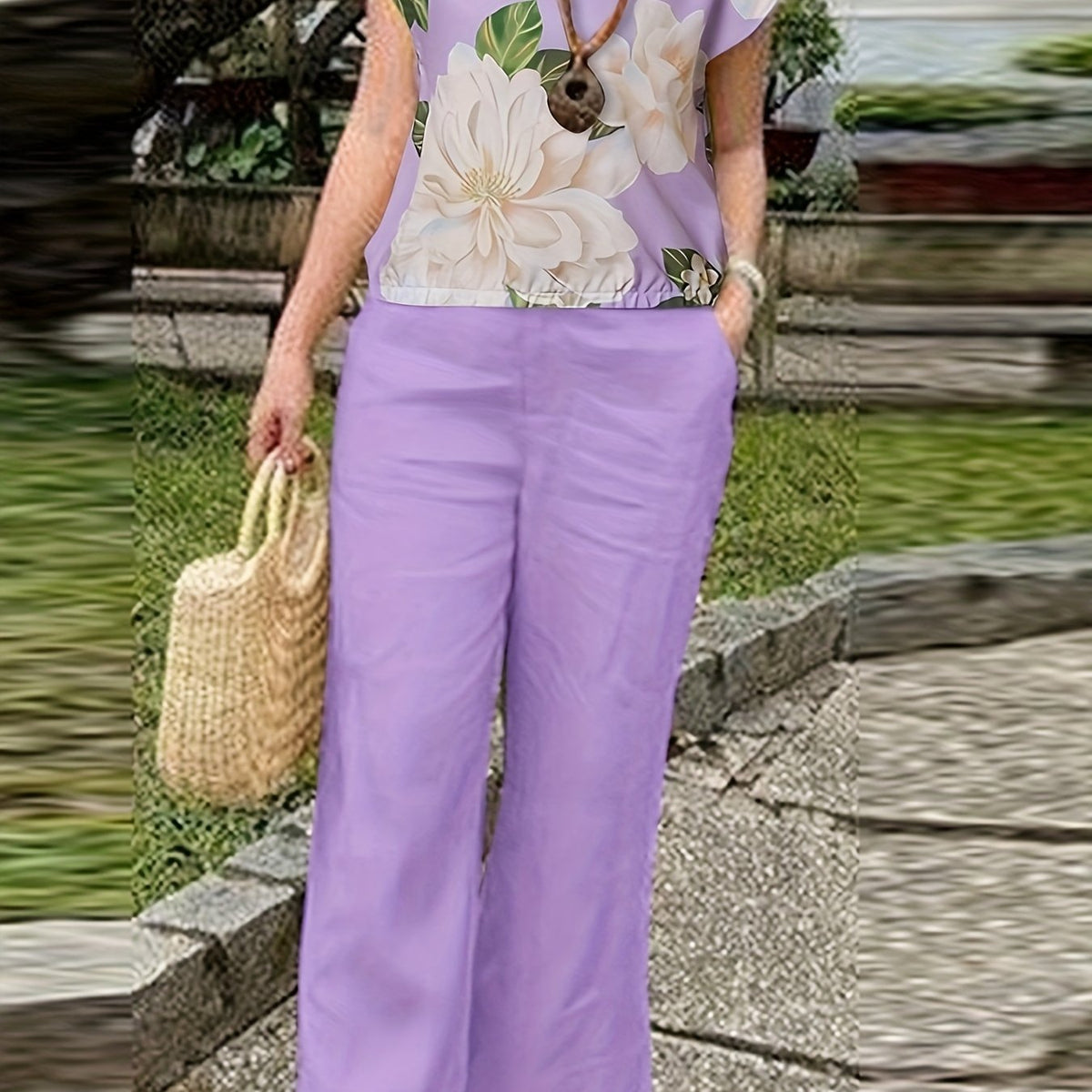 Spring/Summer Elegant Casual Set, Boat Neck Short Sleeve Butterfly Floral Print Top + Pants Women's Vacation 2pcs Outfit - Violet / S