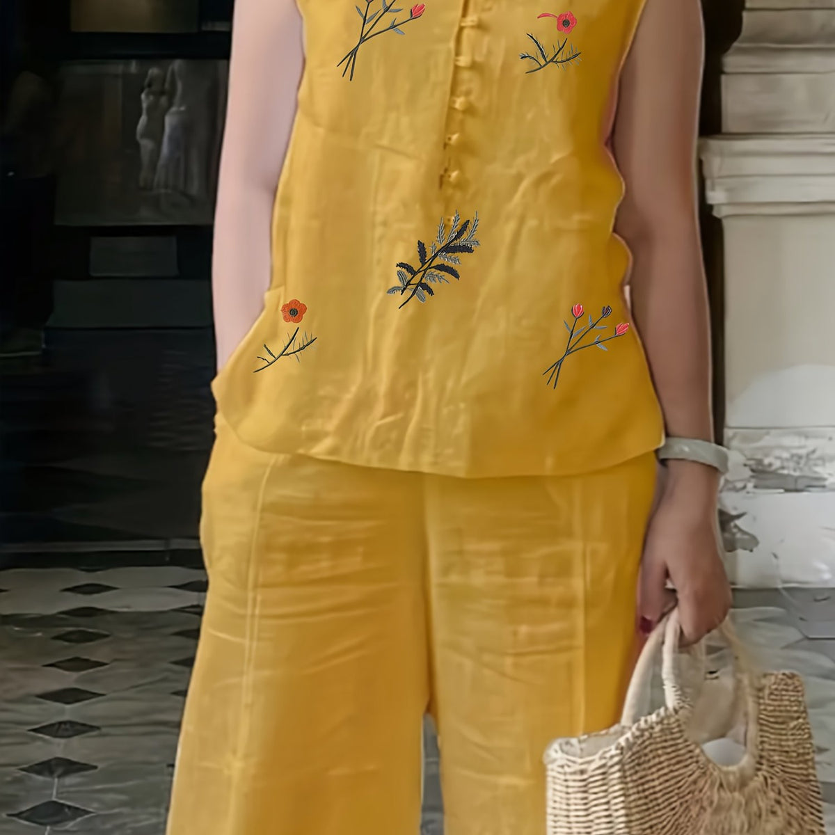 Chinese Style Embroidery Set Breathable Embroidered Suit - ginger-colored / S