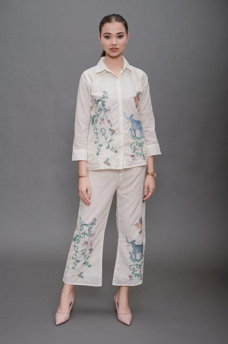 Cream Cotton Co Ord Set Embroidered Animal