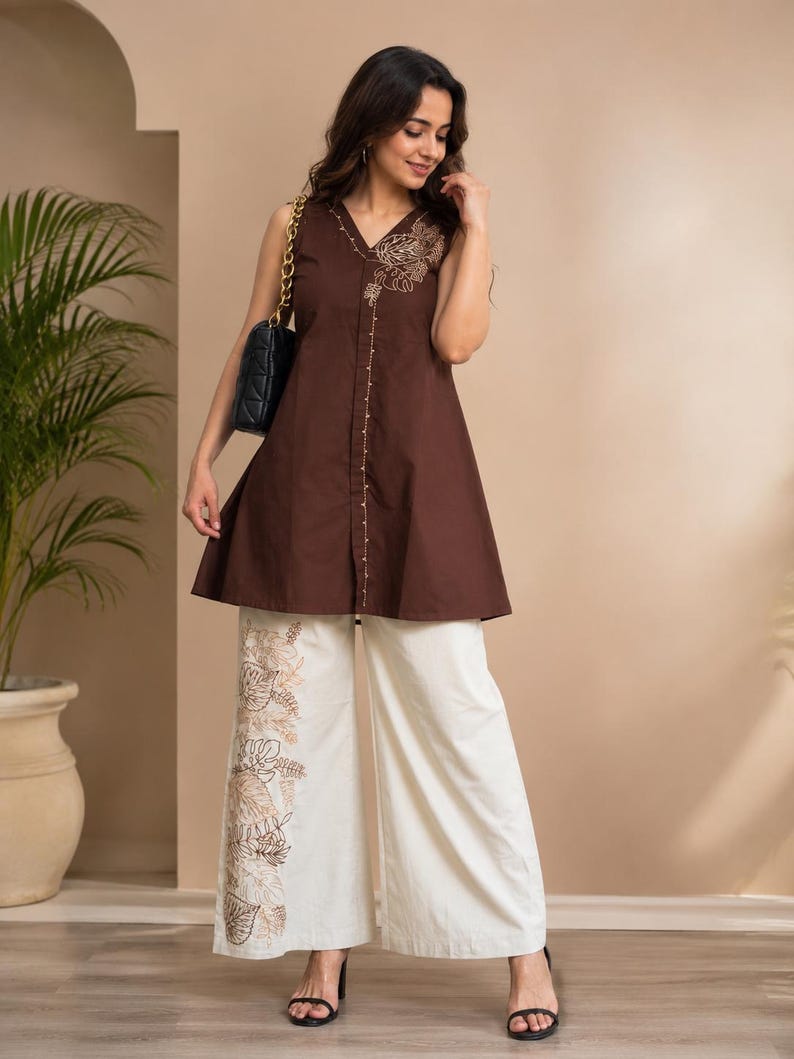 Embroidered Cotton Co Ord Set Brown For Women
