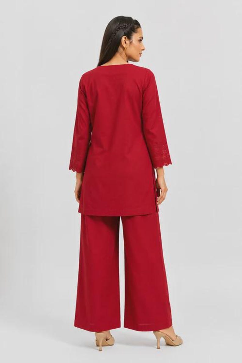 Wine Red Mal Cotton Co Ord Set With Floral Embroidery