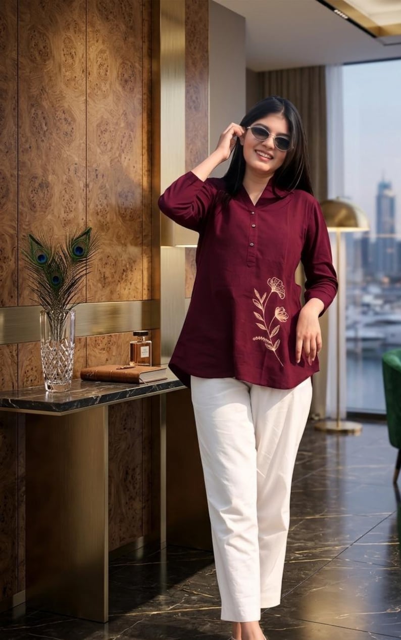 Brown Embroidered Cotton Kurti With White Pants