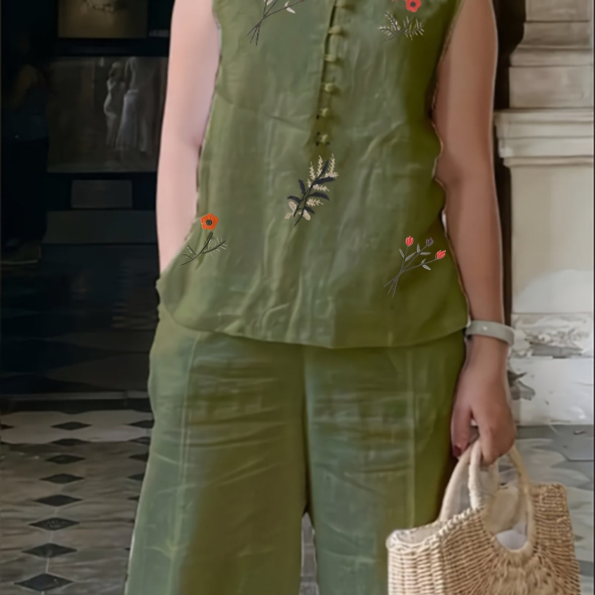 Chinese Style Embroidered Women's Set, Breathable Vest and Pants Outfit - Two-Piece Casual Elegant Ensemble - Olive Green / S