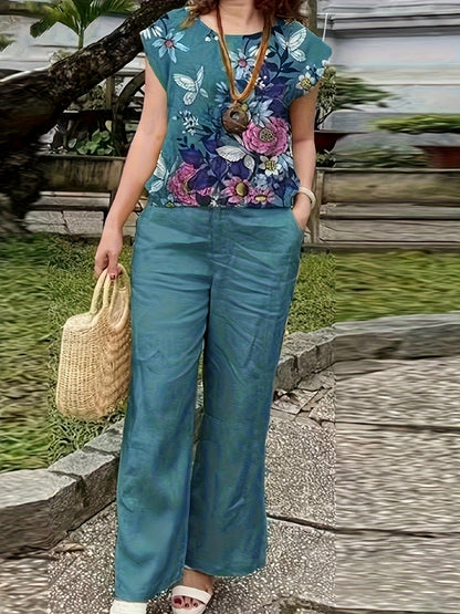 Spring/Summer Elegant Casual Set, Boat Neck Short Sleeve Butterfly Floral Print Top + Pants Women's Vacation 2pcs Outfit