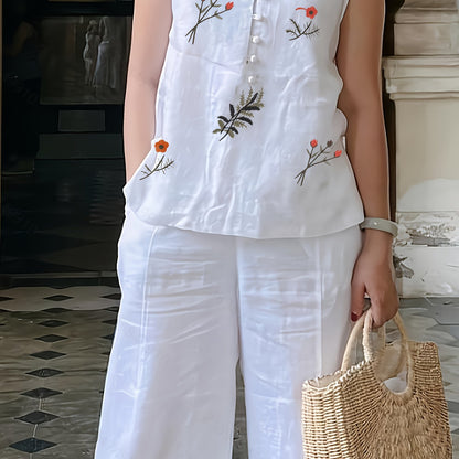 Chinese Style Embroidery Set Breathable Embroidered Suit - White / S