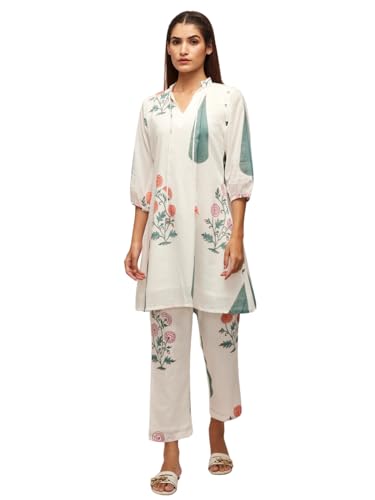 Leriya Fashion Rayon White Kurti Set for Women | V-Neck Straight Kurta Sets for Woman | Summer Co ord Set For Women Stylish | Ethnic Kurtis for Office Outfit | Floral Printed Kurtis 3/4 Sleeve - S / WHITE