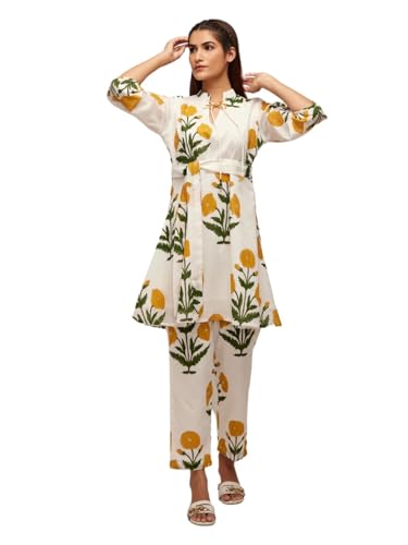 Leriya Fashion Rayon White Kurti Set for Women | V-Neck Straight Kurta Sets for Woman | Summer Co ord Set For Women Stylish | Ethnic Kurtis for Office Outfit | Floral Printed Kurtis 3/4 Sleeve - S / Yellow