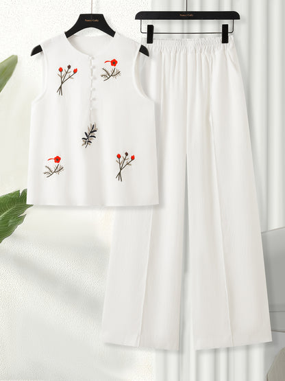 Chinese Style Embroidered Women's Set, Breathable Vest and Pants Outfit - Two-Piece Casual Elegant Ensemble