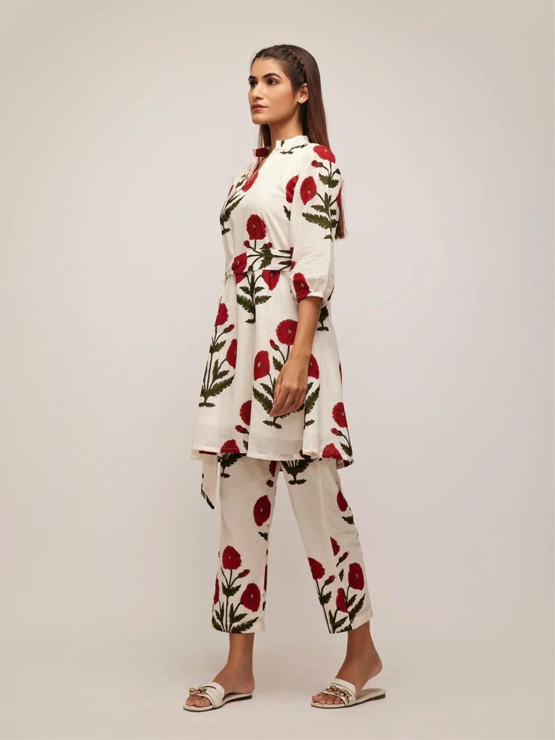 Leriya Fashion Rayon White Kurti Set for Women | V-Neck Straight Kurta Sets for Woman | Summer Co ord Set For Women Stylish | Ethnic Kurtis for Office Outfit | Floral Printed Kurtis 3/4 Sleeve