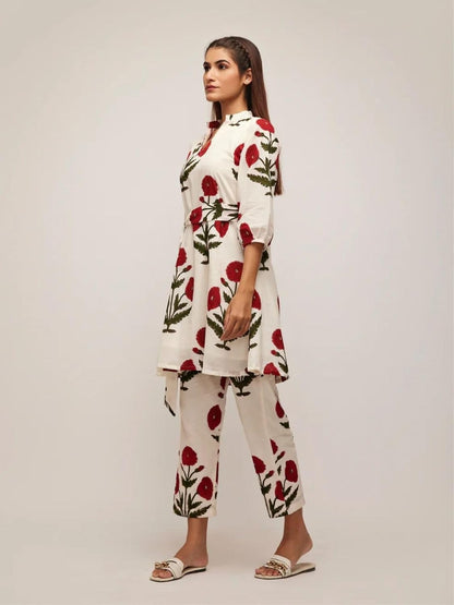 Leriya Fashion Rayon White Kurti Set for Women | V-Neck Straight Kurta Sets for Woman | Summer Co ord Set For Women Stylish | Ethnic Kurtis for Office Outfit | Floral Printed Kurtis 3/4 Sleeve
