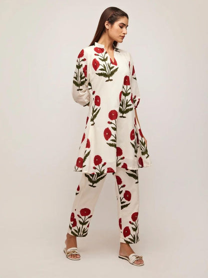 Leriya Fashion Rayon White Kurti Set for Women | V-Neck Straight Kurta Sets for Woman | Summer Co ord Set For Women Stylish | Ethnic Kurtis for Office Outfit | Floral Printed Kurtis 3/4 Sleeve