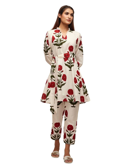 Leriya Fashion Rayon White Kurti Set for Women | V-Neck Straight Kurta Sets for Woman | Summer Co ord Set For Women Stylish | Ethnic Kurtis for Office Outfit | Floral Printed Kurtis 3/4 Sleeve
