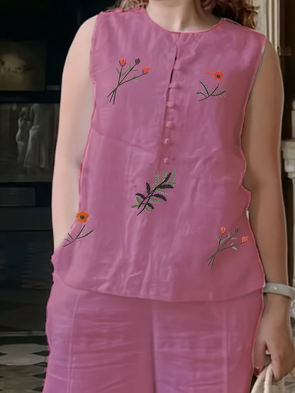 Chinese Style Embroidered Women's Set, Breathable Vest and Pants Outfit - Two-Piece Casual Elegant Ensemble