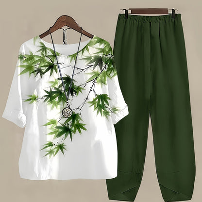 European And American Women'S Fashion New Trendy Printed Pocket Stretch Waist Long Pants And Round Neck Top Set - Olive Green / S