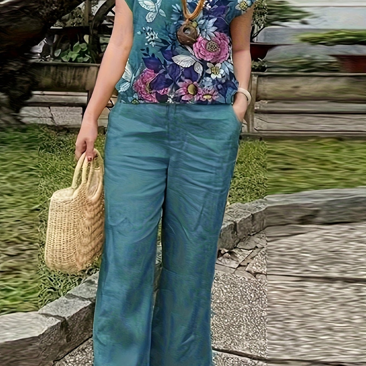 Spring/Summer Elegant Casual Set, Boat Neck Short Sleeve Butterfly Floral Print Top + Pants Women's Vacation 2pcs Outfit - Ocean Green / S