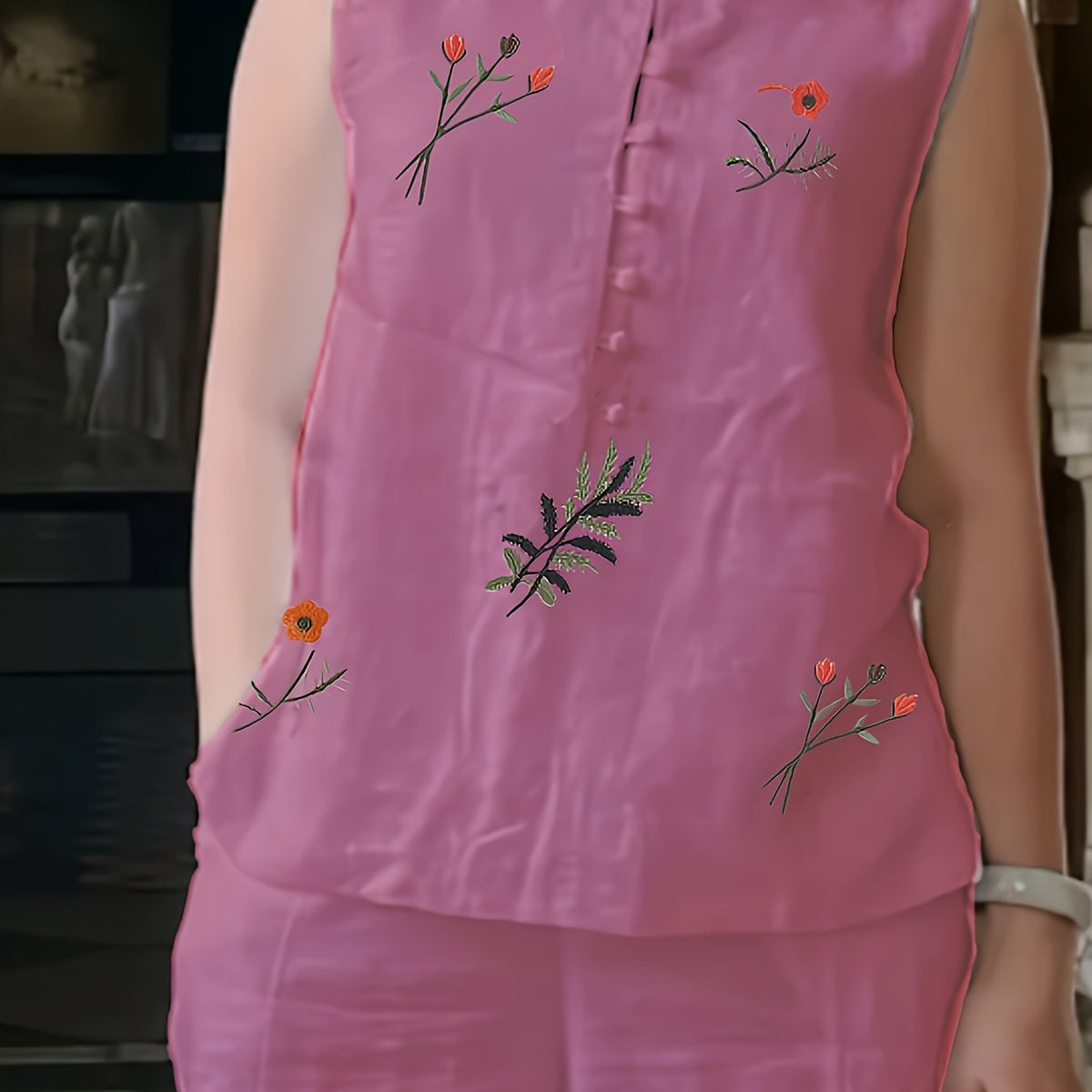 Chinese Style Embroidered Women's Set, Breathable Vest and Pants Outfit - Two-Piece Casual Elegant Ensemble - Fuchsia / S