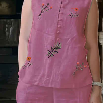 Chinese Style Embroidered Women's Set, Breathable Vest and Pants Outfit - Two-Piece Casual Elegant Ensemble - Fuchsia / S