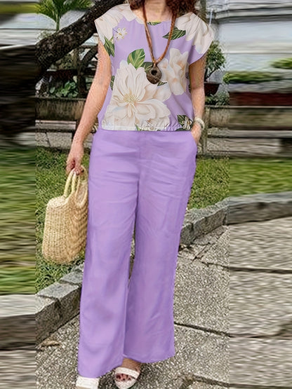 Spring/Summer Elegant Casual Set, Boat Neck Short Sleeve Butterfly Floral Print Top + Pants Women's Vacation 2pcs Outfit
