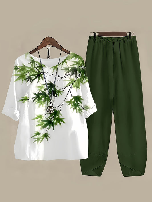 European And American Women'S Fashion New Trendy Printed Pocket Stretch Waist Long Pants And Round Neck Top Set