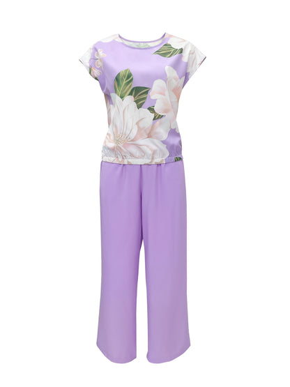 Spring/Summer Elegant Casual Set, Boat Neck Short Sleeve Butterfly Floral Print Top + Pants Women's Vacation 2pcs Outfit