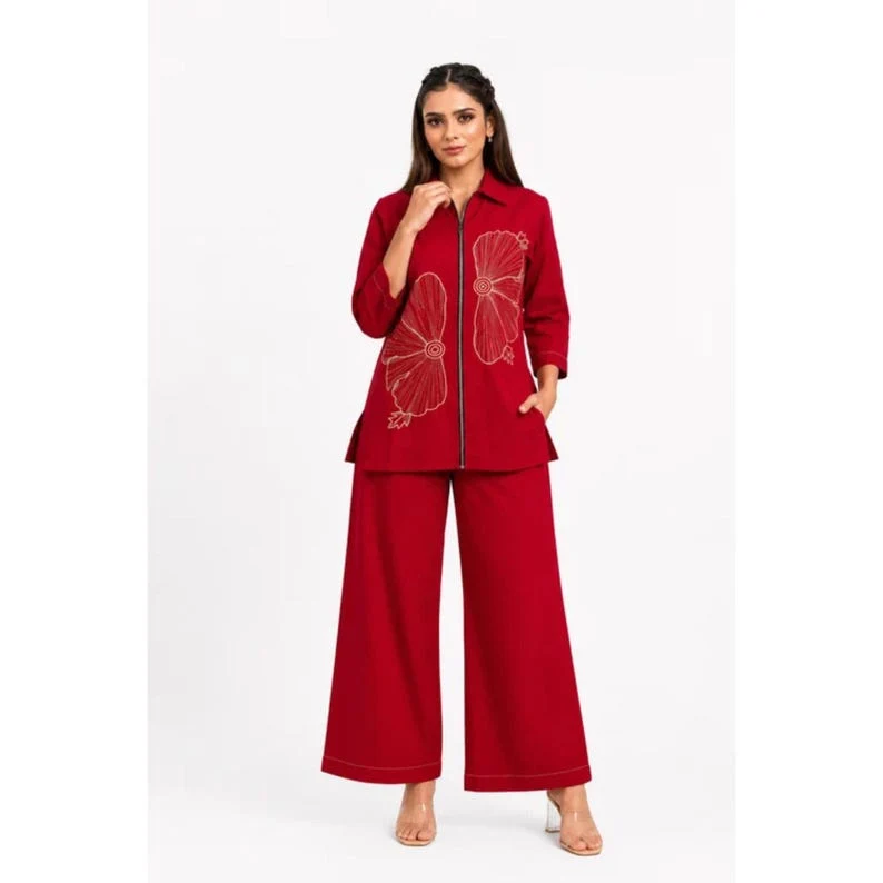 Red Cotton Co Ord Set With Abstract Print