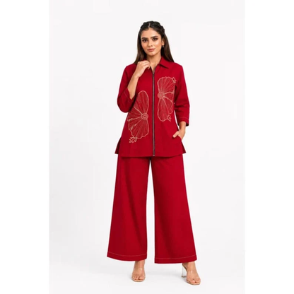 Red Cotton Co Ord Set With Abstract Print