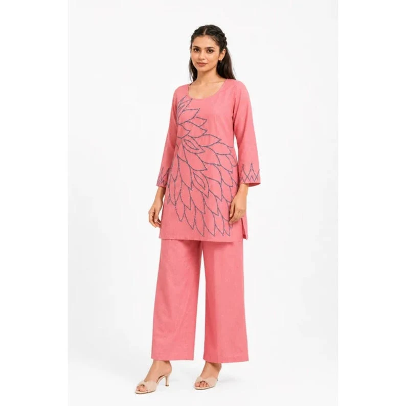 Coral Pink Mal Cotton Co Ord Set With Floral Embroidery
