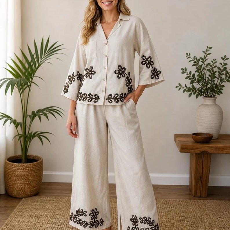 Hand Embroidered Cotton Co Ord Set Beige