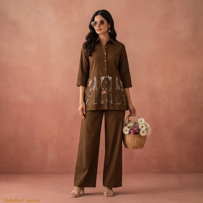 Brown Cotton Co Ord Set For Women Ethnic Indian