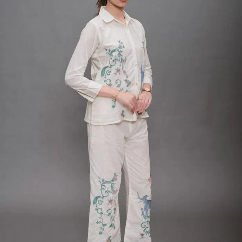 Cream Cotton Co Ord Set Embroidered Animal