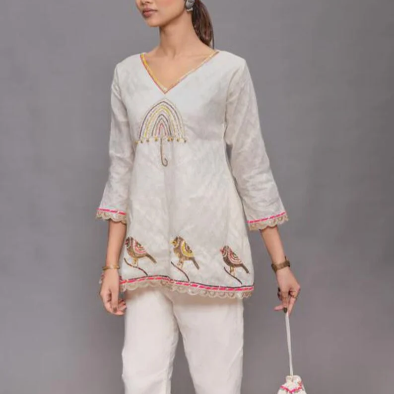Beige Cotton Co Ord Set Handwork Lace For Women