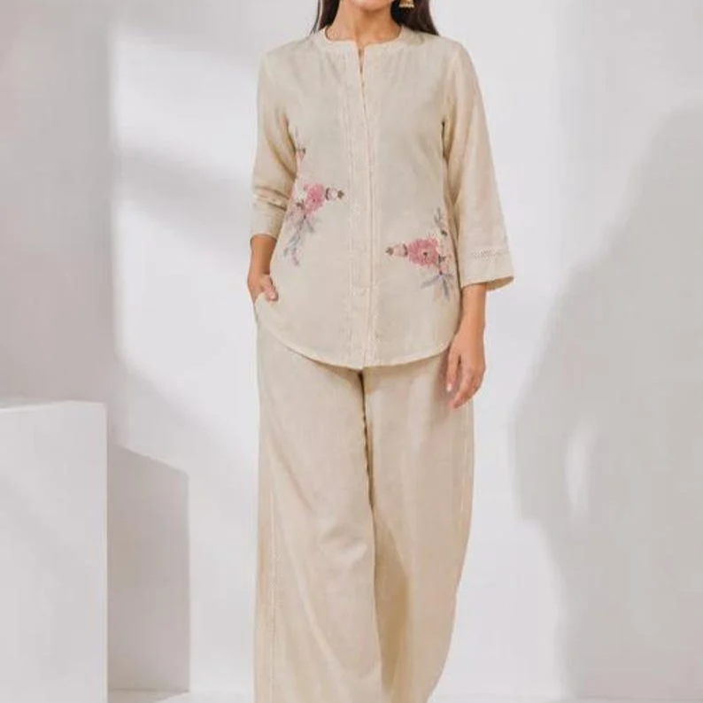 Linen Cotton Co Ord Set Abstract Face Embroidery