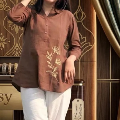 Brown Embroidered Cotton Kurti With White Pants
