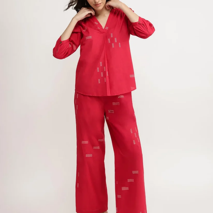 Cotton Geometric Print Co-ord Set - Red