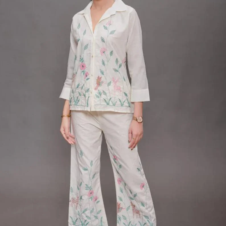 Cream White Embroidered Cotton Linen Co Ord Set