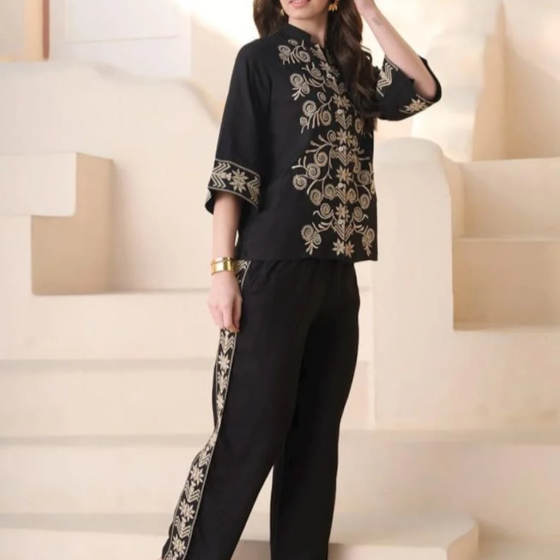 Black Embroidered Co Ord Set Mandarin Collar