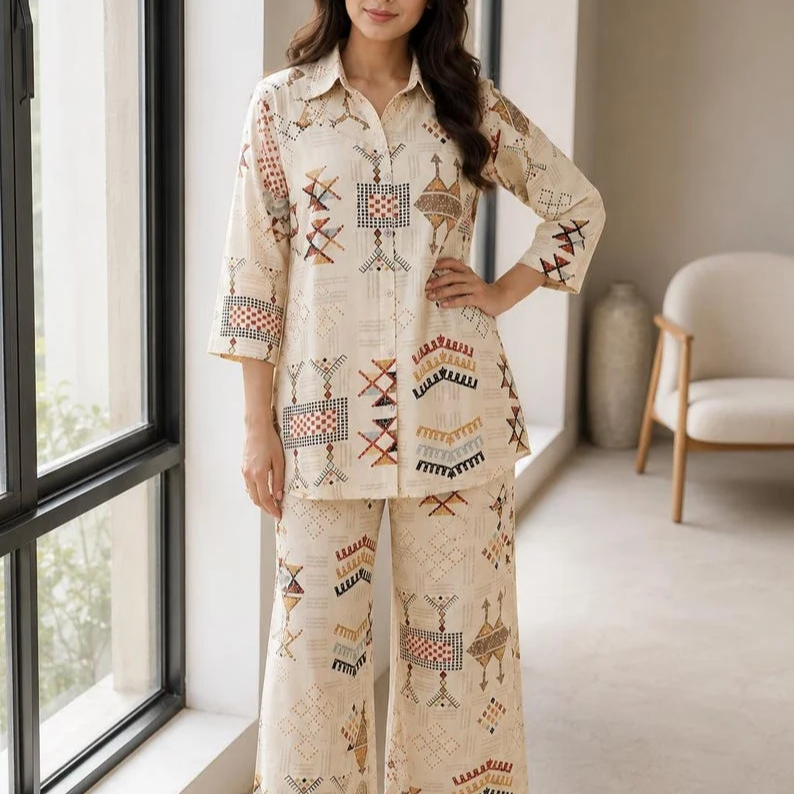 Beige Muslin Printed Co Ord Set For Women