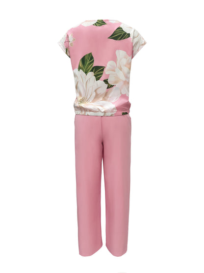 Spring/Summer Elegant Casual Set, Boat Neck Short Sleeve Butterfly Floral Print Top + Pants Women's Vacation 2pcs Outfit