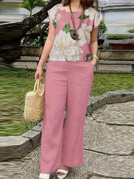 Spring/Summer Elegant Casual Set, Boat Neck Short Sleeve Butterfly Floral Print Top + Pants Women's Vacation 2pcs Outfit