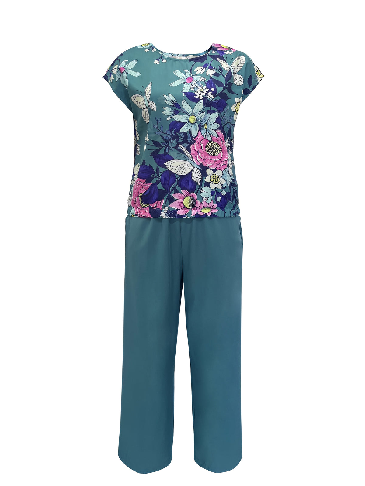Spring/Summer Elegant Casual Set, Boat Neck Short Sleeve Butterfly Floral Print Top + Pants Women's Vacation 2pcs Outfit