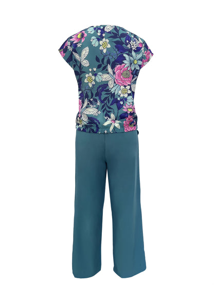 Spring/Summer Elegant Casual Set, Boat Neck Short Sleeve Butterfly Floral Print Top + Pants Women's Vacation 2pcs Outfit