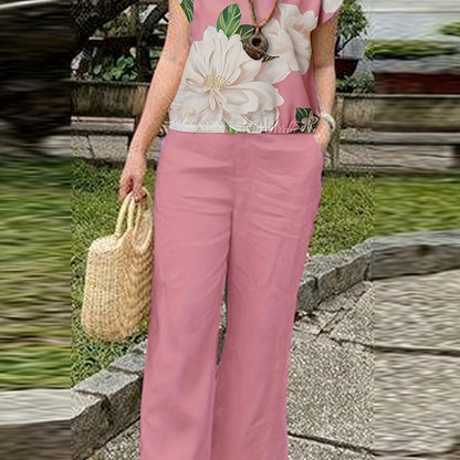 Spring/Summer Elegant Casual Set, Boat Neck Short Sleeve Butterfly Floral Print Top + Pants Women's Vacation 2pcs Outfit - Peach / S