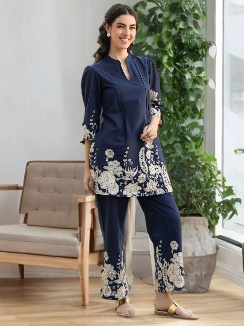 Blue Floral Print Cotton Women Co Ord Set