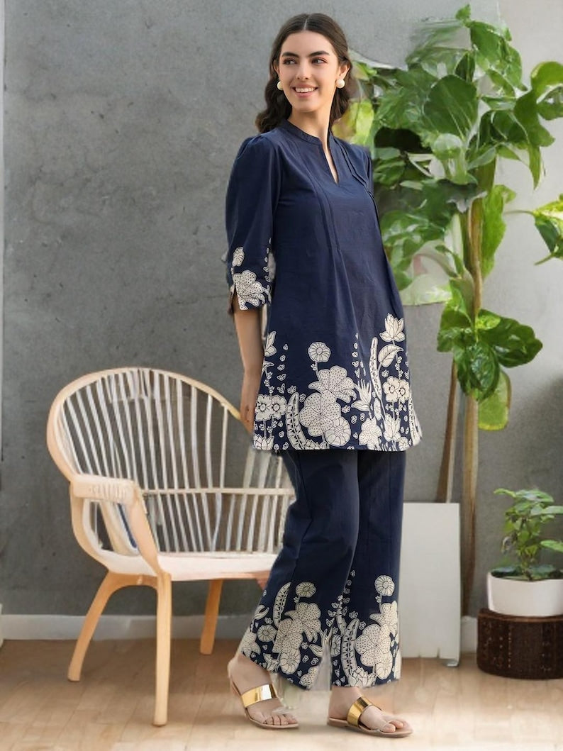 Blue Floral Print Cotton Women Co Ord Set