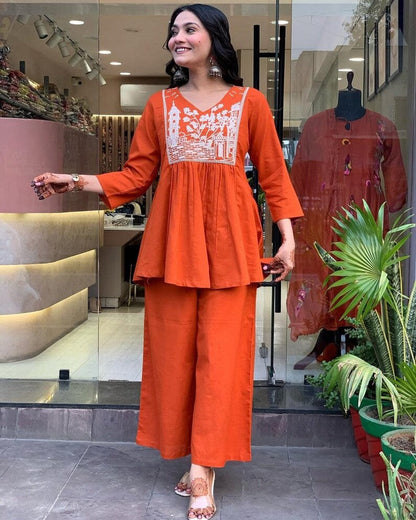 Orange Embroidered Cotton Kurta Pant Set For Women
