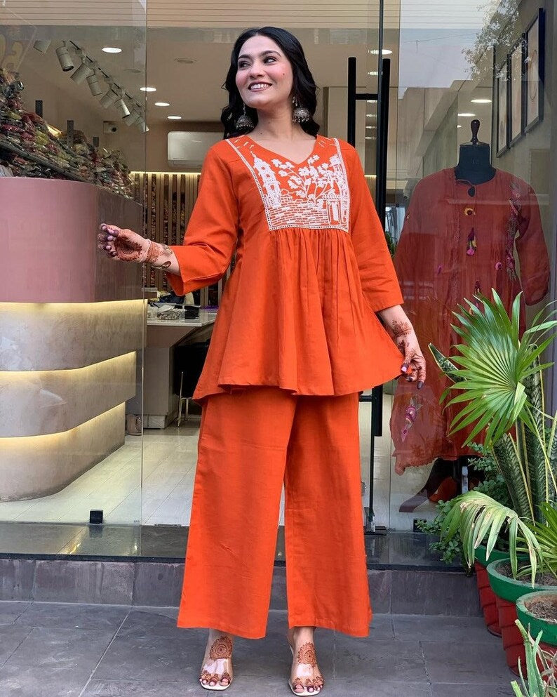 Orange Embroidered Cotton Kurta Pant Set For Women