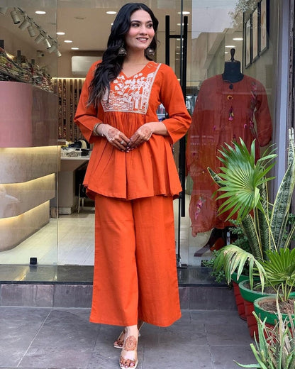Orange Embroidered Cotton Kurta Pant Set For Women