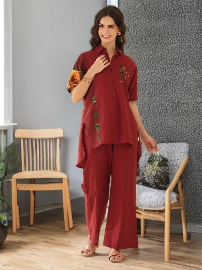 Printed Cotton Shirt Palazzo Co Ord Set For Women