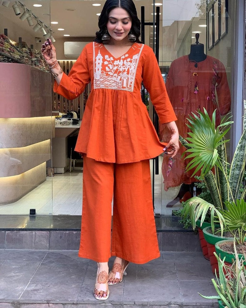 Orange Embroidered Cotton Kurta Pant Set For Women