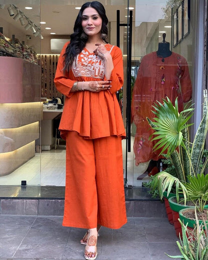 Orange Embroidered Cotton Kurta Pant Set For Women
